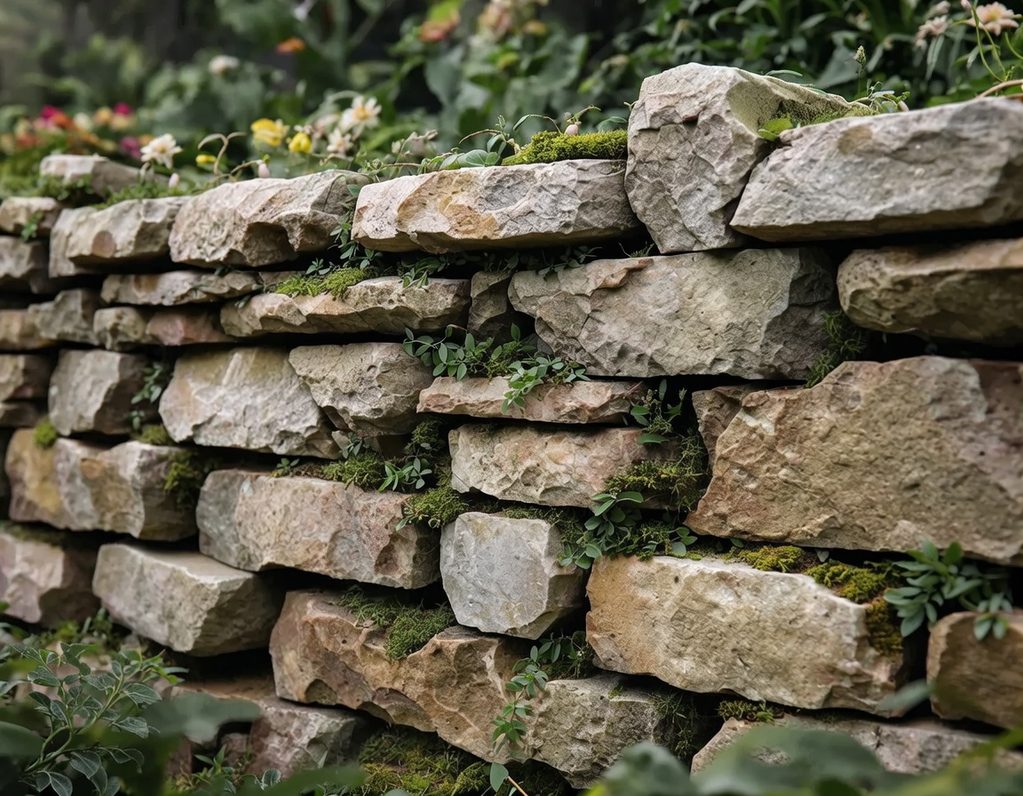 Natursteinarbeiten Natursteinmauer mit moosbewachsenen Steinen und bunten Blumen im Hintergrund.