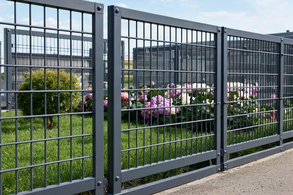 Zaunlösungen Gitterzaun mit bunten Blumen im Hintergrund in einem Garten.
