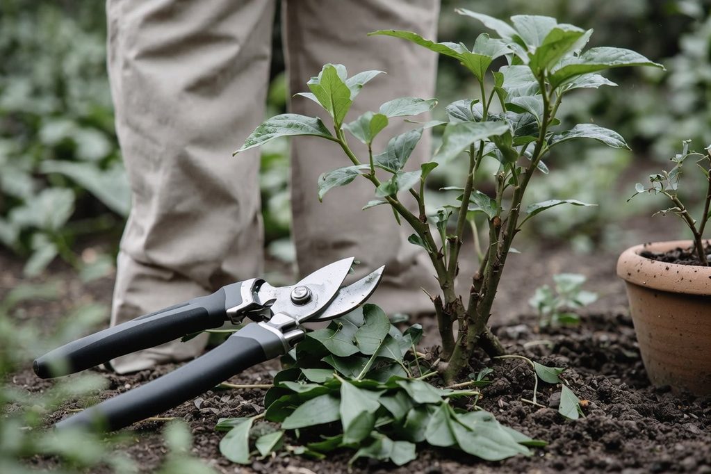 Gartenpflege Person mit Gartenschneider steht neben einer jungen Pflanze in der Erde.
