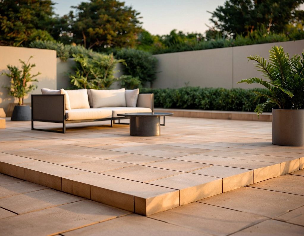 Terrassenbau Elegante Terrasse mit einer modernen Couch und Pflanzen in Töpfen.