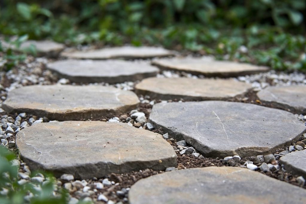 Pflasterarbeiten Ein Weg aus flachen Steinen, umgeben von grünem Gras und kleinen Kieselsteinen.